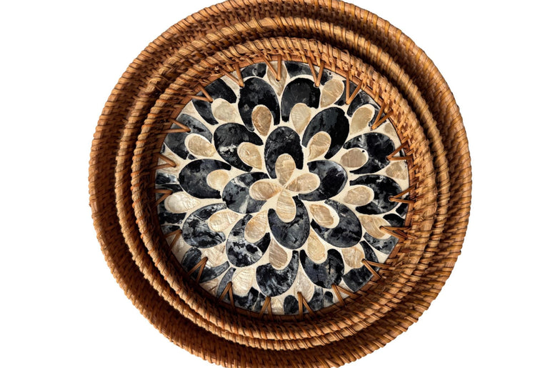 Round Mother of Pearl Inlay Rattan Tray, Handwoven Decorative Serving Tray, Natural Boho Coffee Table Accent 116