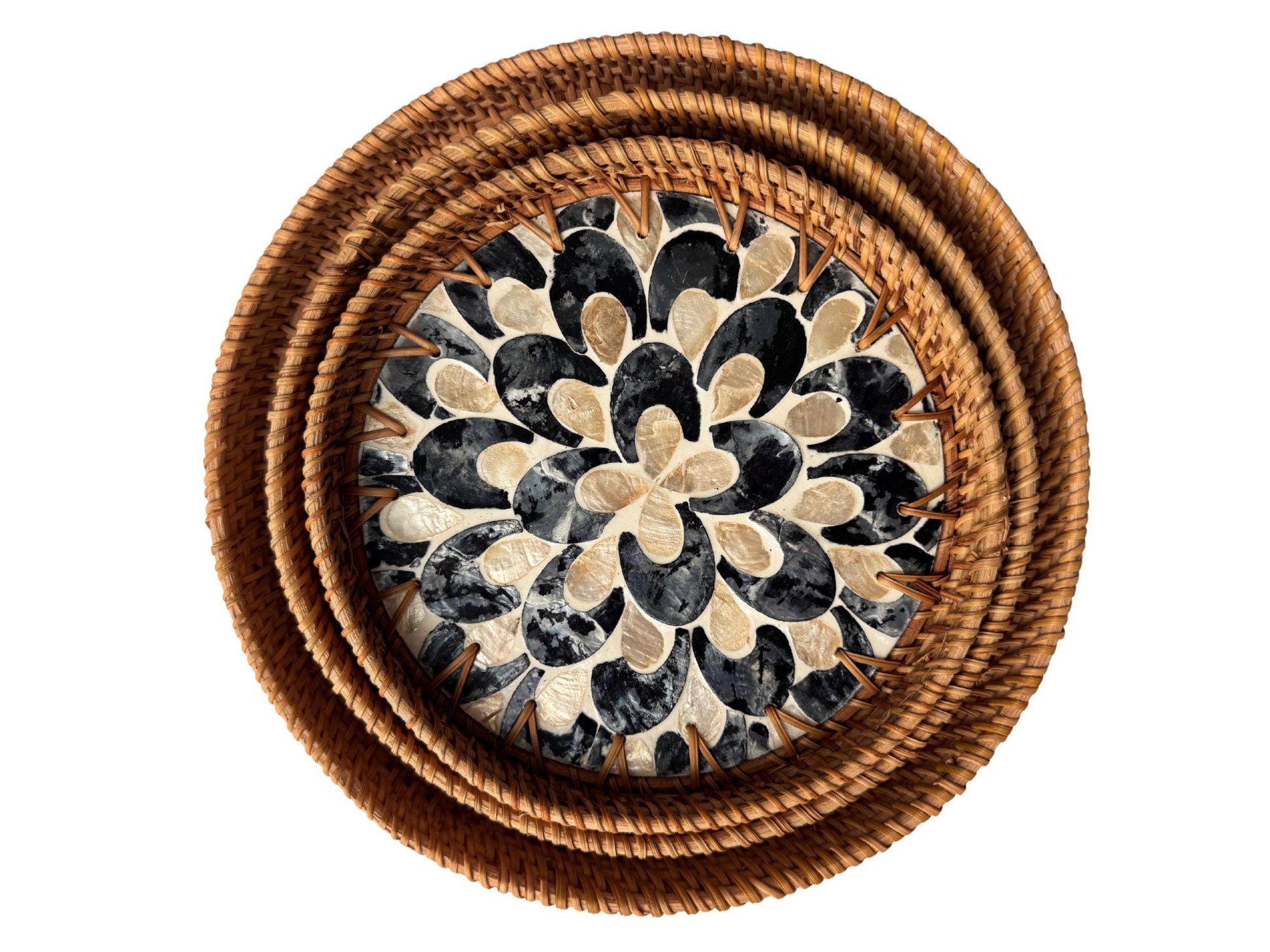 Round Mother of Pearl Inlay Rattan Tray, Handwoven Decorative Serving Tray, Natural Boho Coffee Table Accent 116