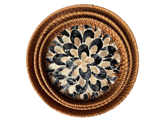 Round Mother of Pearl Inlay Rattan Tray, Handwoven Decorative Serving Tray, Natural Boho Coffee Table Accent 116
