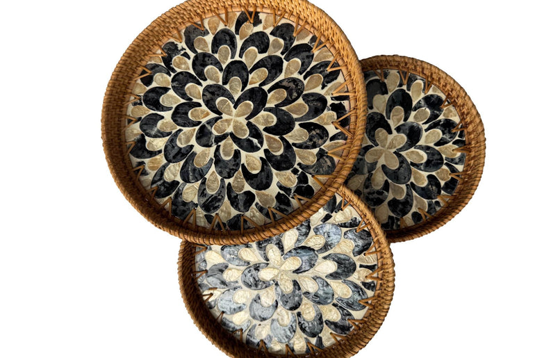 Round Mother of Pearl Inlay Rattan Tray, Handwoven Decorative Serving Tray, Natural Boho Coffee Table Accent 116