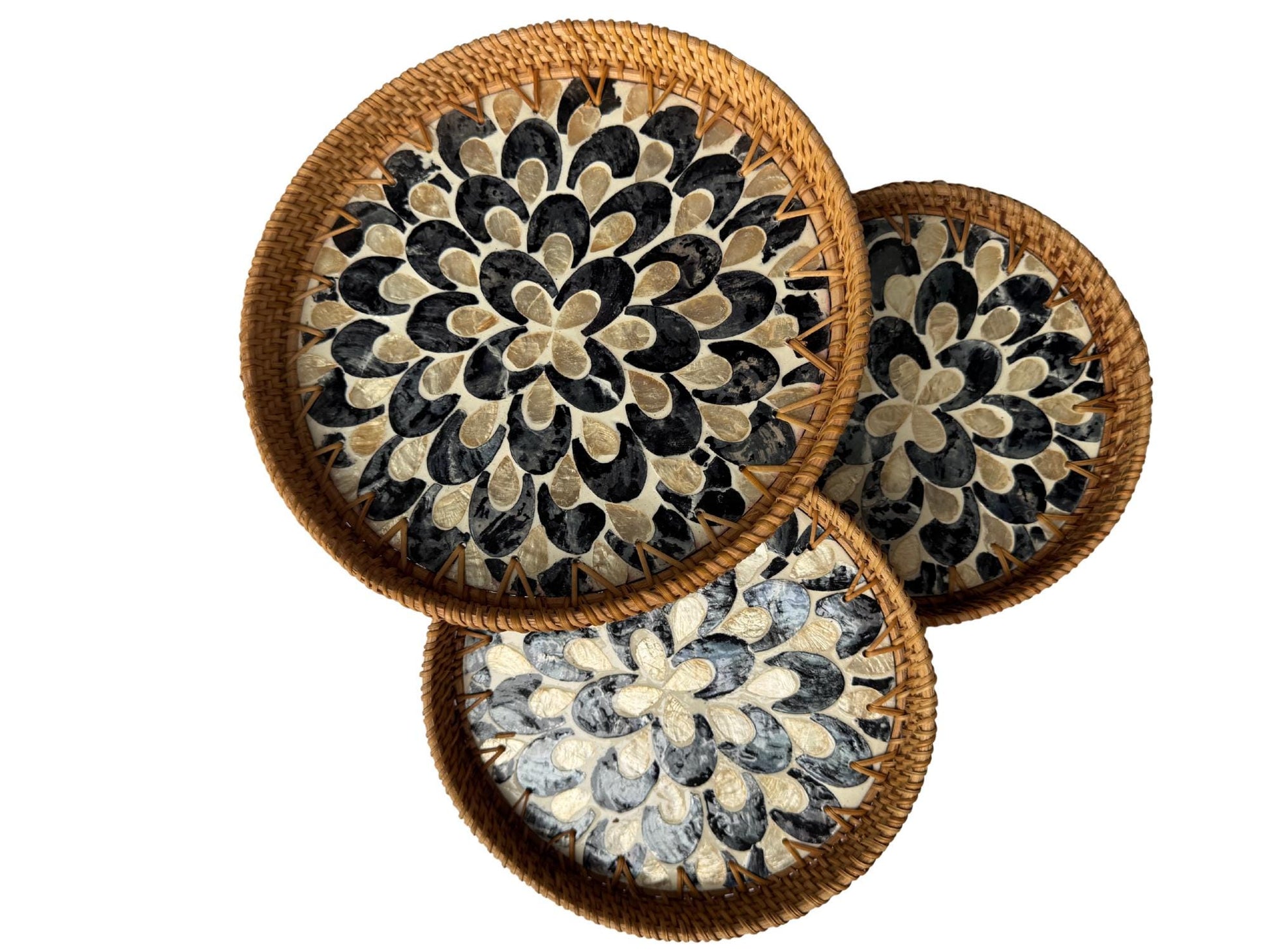 Round Mother of Pearl Inlay Rattan Tray, Handwoven Decorative Serving Tray, Natural Boho Coffee Table Accent 116