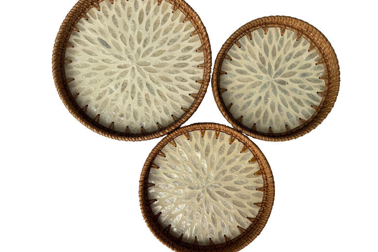 Round Mother of Pearl Inlay Rattan Tray, Handwoven Decorative Serving Tray, Natural Boho Coffee Table Accent 89