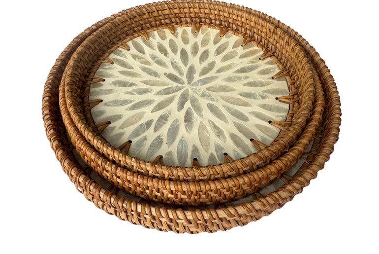 Round Mother of Pearl Inlay Rattan Tray, Handwoven Decorative Serving Tray, Natural Boho Coffee Table Accent 89