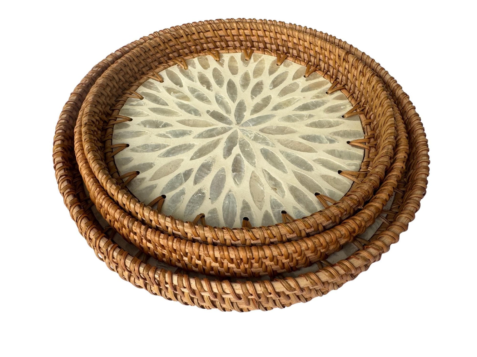 Round Mother of Pearl Inlay Rattan Tray, Handwoven Decorative Serving Tray, Natural Boho Coffee Table Accent 89