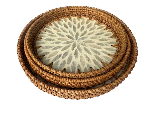 Round Mother of Pearl Inlay Rattan Tray, Handwoven Decorative Serving Tray, Natural Boho Coffee Table Accent 89