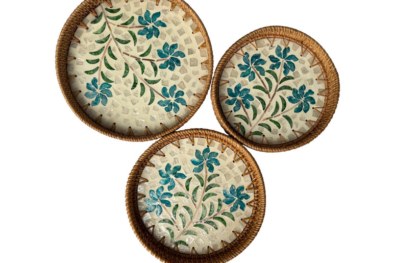 Round Mother of Pearl Inlay Rattan Tray, Handwoven Decorative Serving Tray, Natural Boho Coffee Table Accent 73
