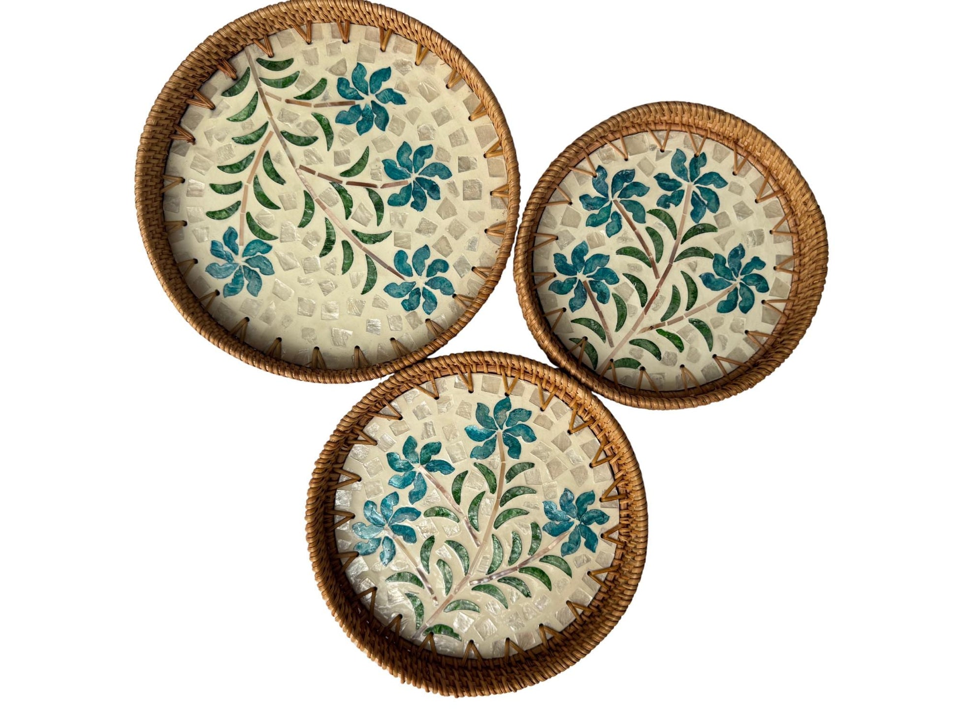 Round Mother of Pearl Inlay Rattan Tray, Handwoven Decorative Serving Tray, Natural Boho Coffee Table Accent 73