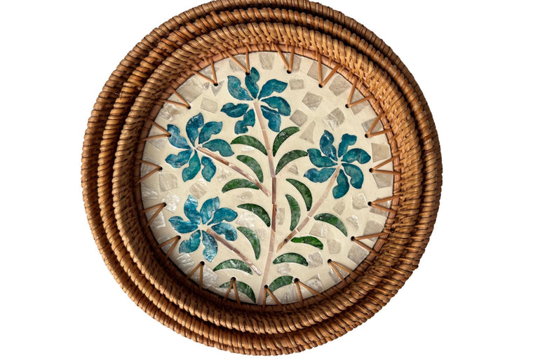 Round Mother of Pearl Inlay Rattan Tray, Handwoven Decorative Serving Tray, Natural Boho Coffee Table Accent 73