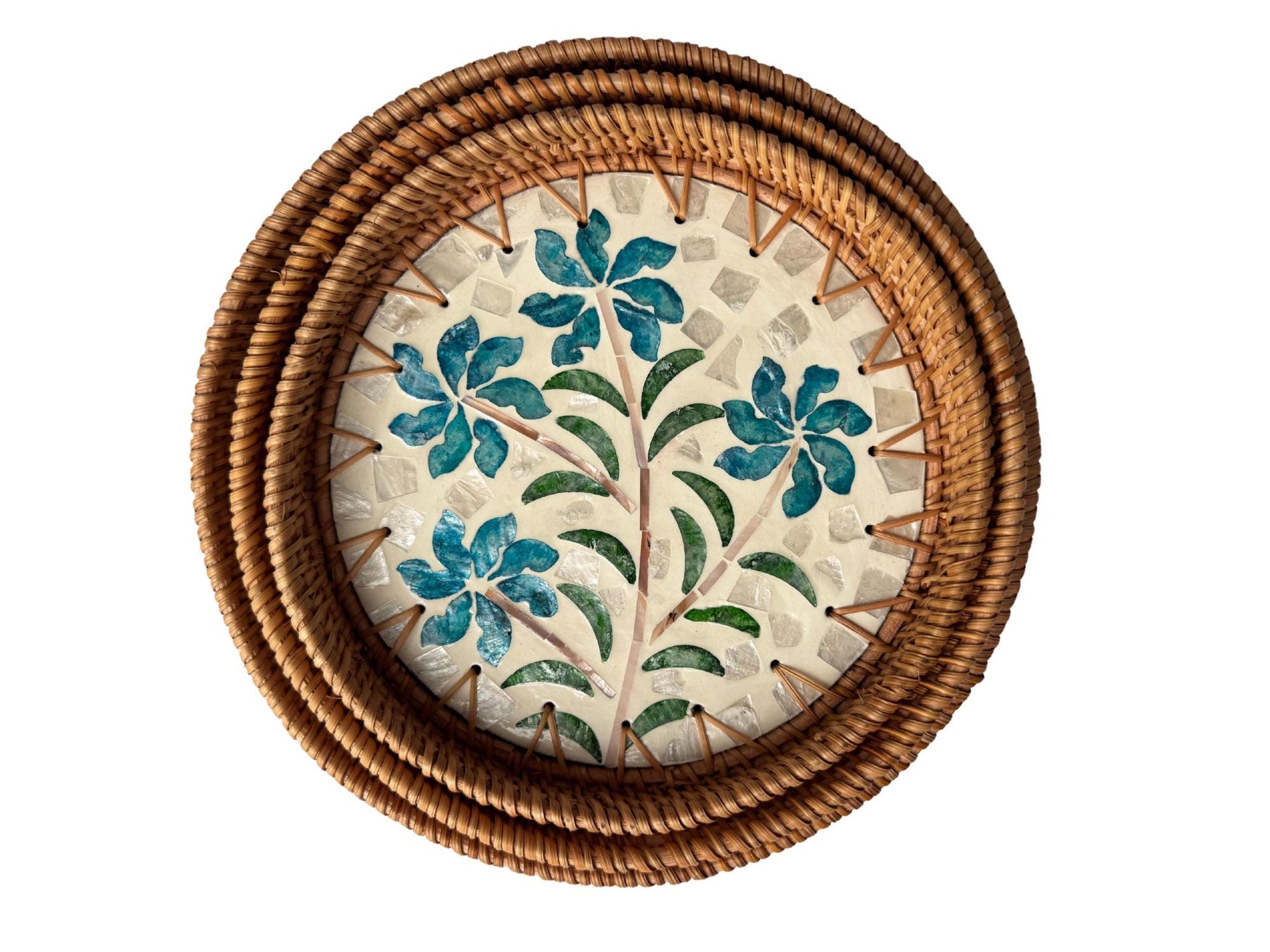 Round Mother of Pearl Inlay Rattan Tray, Handwoven Decorative Serving Tray, Natural Boho Coffee Table Accent 73