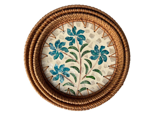 Round Mother of Pearl Inlay Rattan Tray, Handwoven Decorative Serving Tray, Natural Boho Coffee Table Accent 73