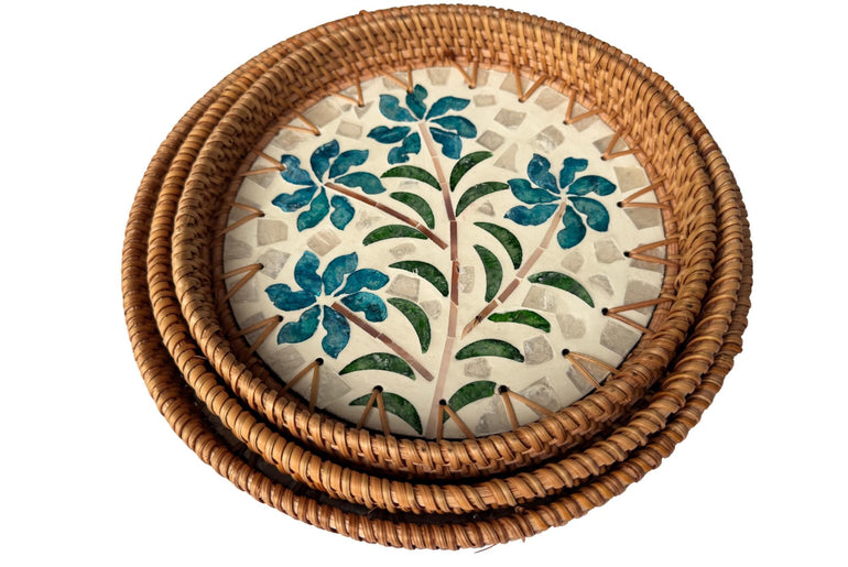 Round Mother of Pearl Inlay Rattan Tray, Handwoven Decorative Serving Tray, Natural Boho Coffee Table Accent 73
