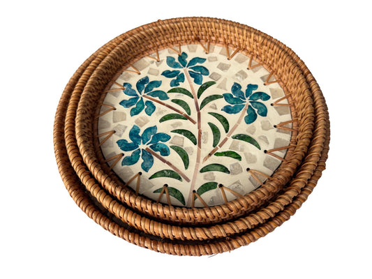 Round Mother of Pearl Inlay Rattan Tray, Handwoven Decorative Serving Tray, Natural Boho Coffee Table Accent 73