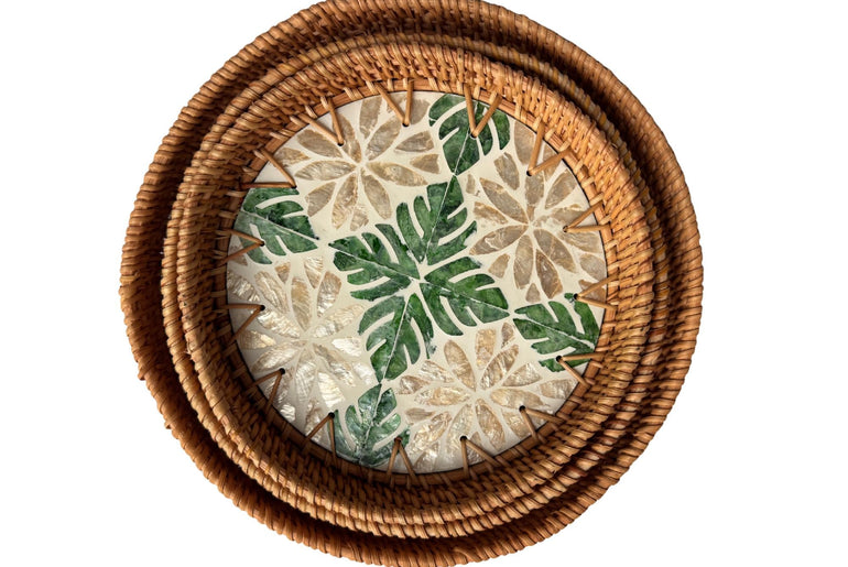 Round Mother of Pearl Inlay Rattan Tray, Handwoven Decorative Serving Tray, Natural Boho Coffee Table Accent 71