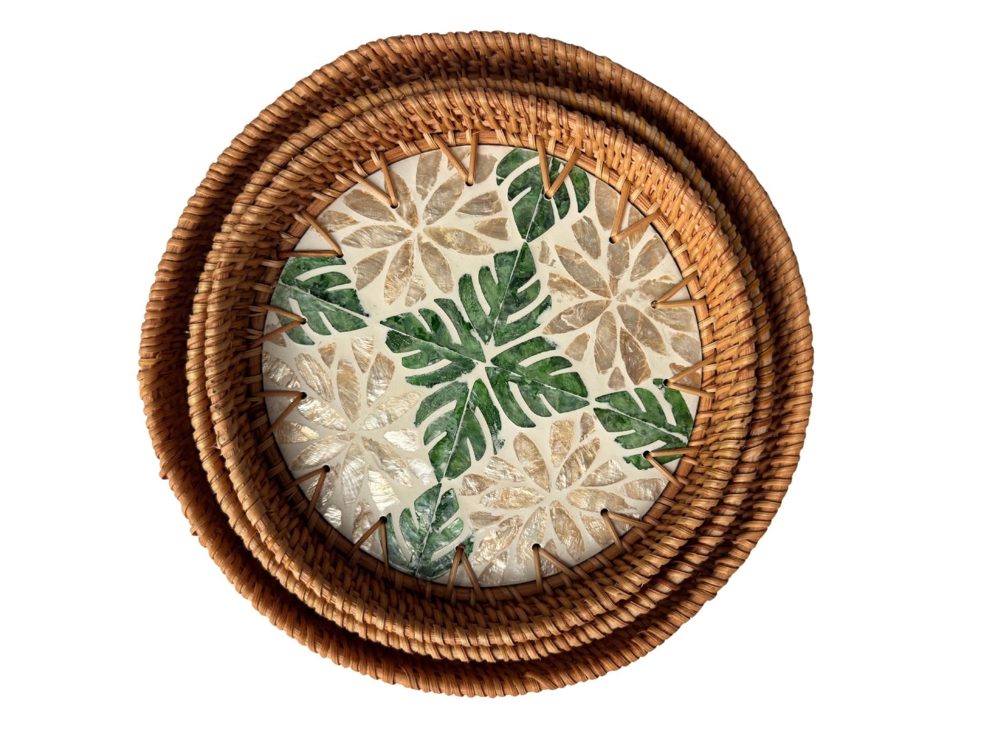Round Mother of Pearl Inlay Rattan Tray, Handwoven Decorative Serving Tray, Natural Boho Coffee Table Accent 71