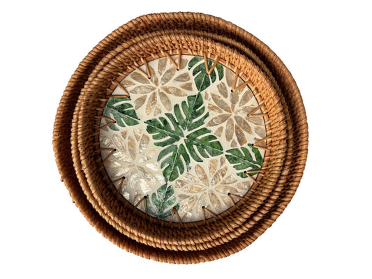 Round Mother of Pearl Inlay Rattan Tray, Handwoven Decorative Serving Tray, Natural Boho Coffee Table Accent 71