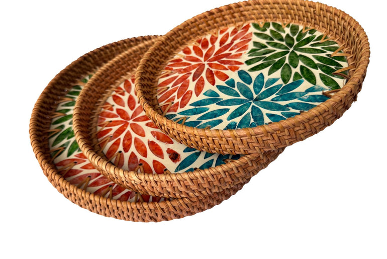 Round Mother of Pearl Inlay Rattan Tray, Handwoven Decorative Serving Tray, Natural Boho Coffee Table Accent 91