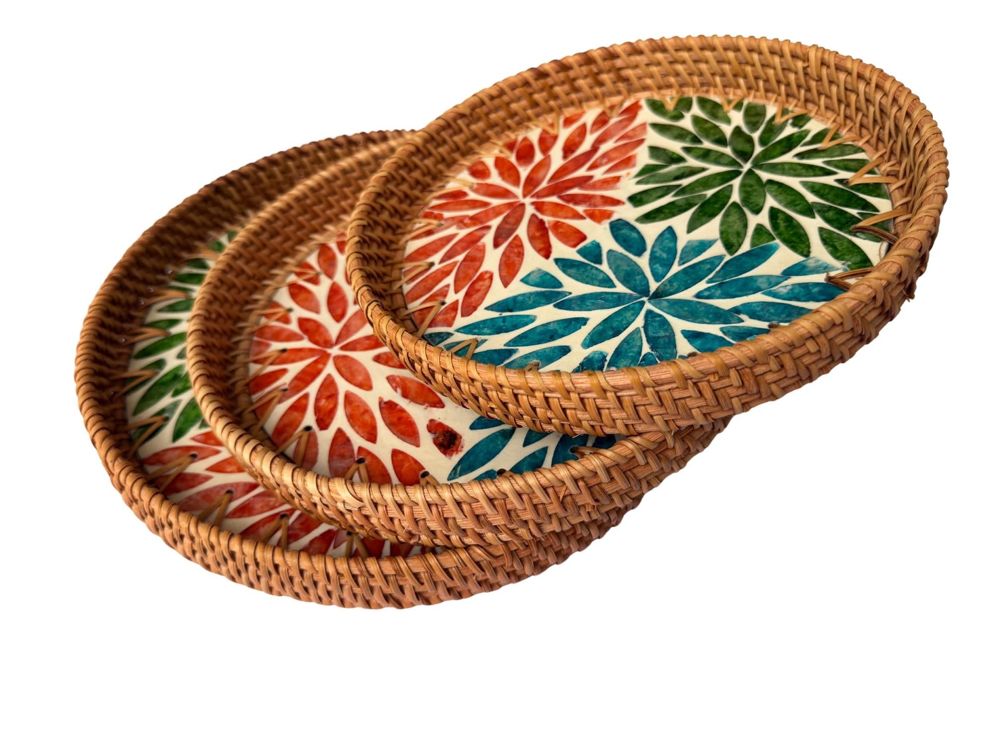 Round Mother of Pearl Inlay Rattan Tray, Handwoven Decorative Serving Tray, Natural Boho Coffee Table Accent 91