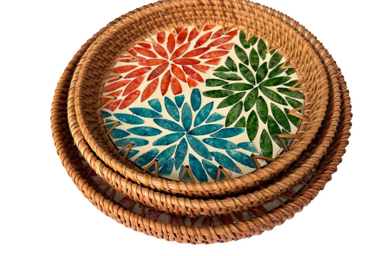 Round Mother of Pearl Inlay Rattan Tray, Handwoven Decorative Serving Tray, Natural Boho Coffee Table Accent 91