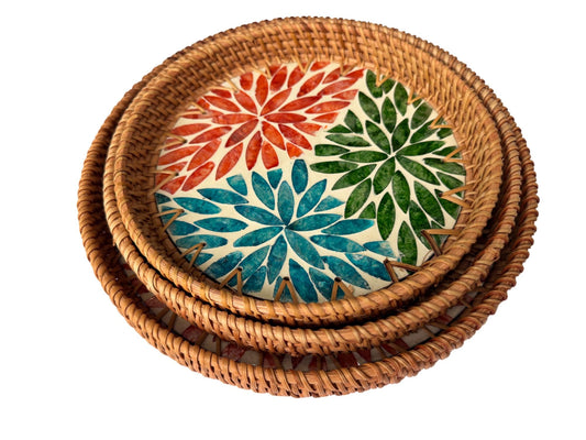 Round Mother of Pearl Inlay Rattan Tray, Handwoven Decorative Serving Tray, Natural Boho Coffee Table Accent 91