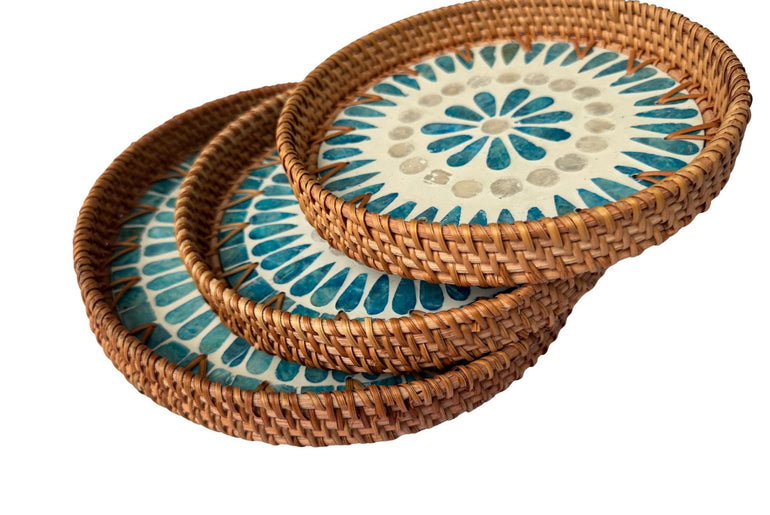 Round Mother of Pearl Inlay Rattan Tray, Handwoven Decorative Serving Tray, Natural Boho Coffee Table Accent 67