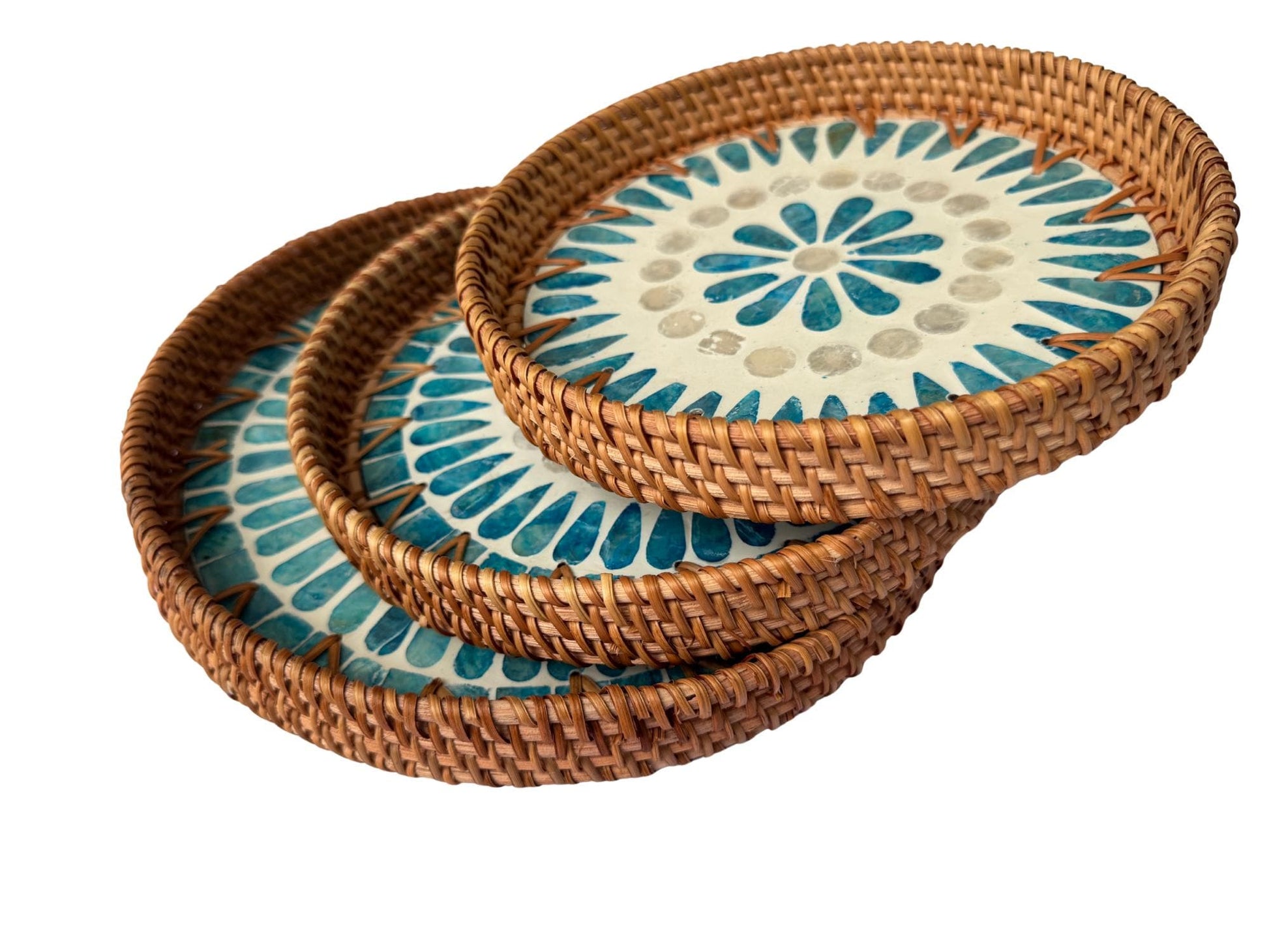 Round Mother of Pearl Inlay Rattan Tray, Handwoven Decorative Serving Tray, Natural Boho Coffee Table Accent 67