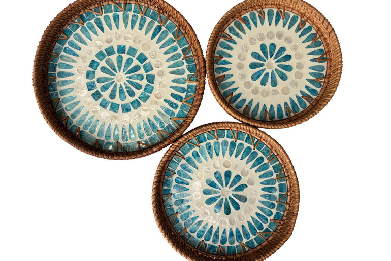 Round Mother of Pearl Inlay Rattan Tray, Handwoven Decorative Serving Tray, Natural Boho Coffee Table Accent 67