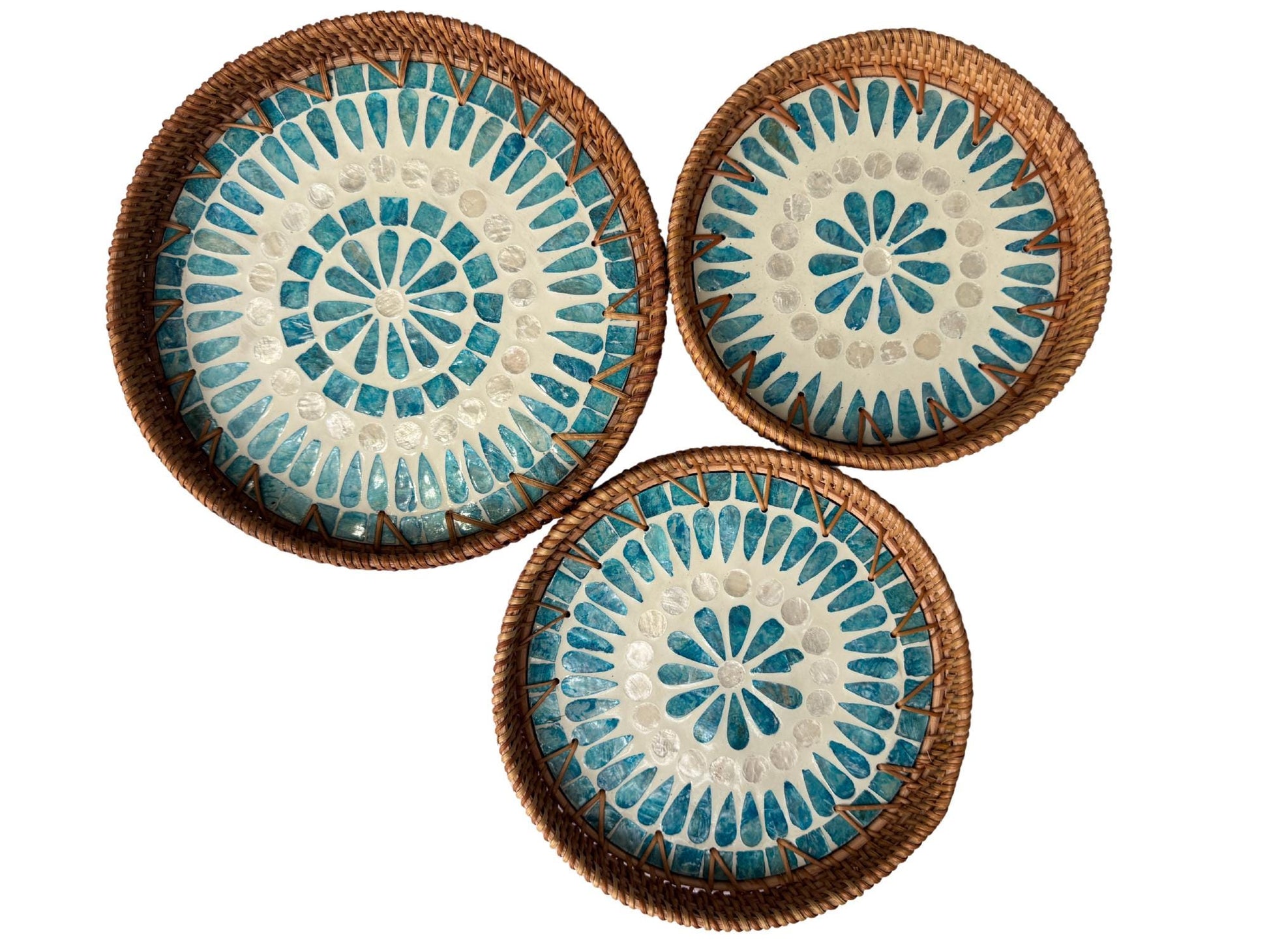 Round Mother of Pearl Inlay Rattan Tray, Handwoven Decorative Serving Tray, Natural Boho Coffee Table Accent 67