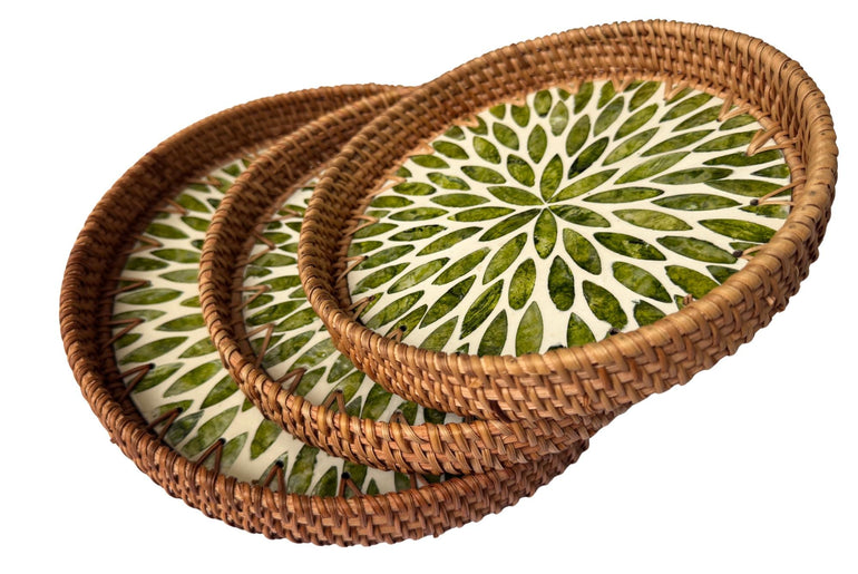 Round Mother of Pearl Inlay Rattan Tray, Handwoven Decorative Serving Tray, Natural Boho Coffee Table Accent 70