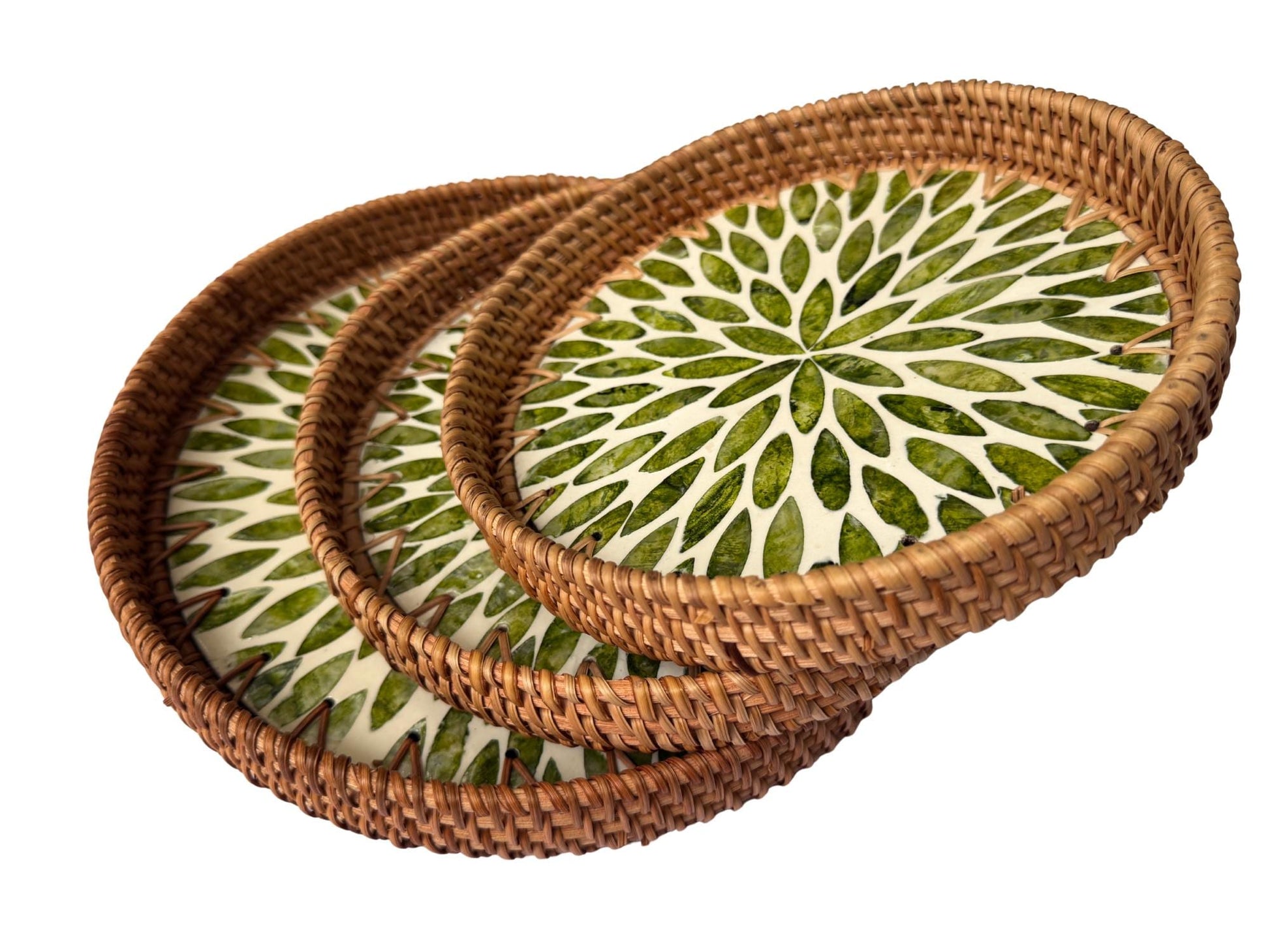 Round Mother of Pearl Inlay Rattan Tray, Handwoven Decorative Serving Tray, Natural Boho Coffee Table Accent 70