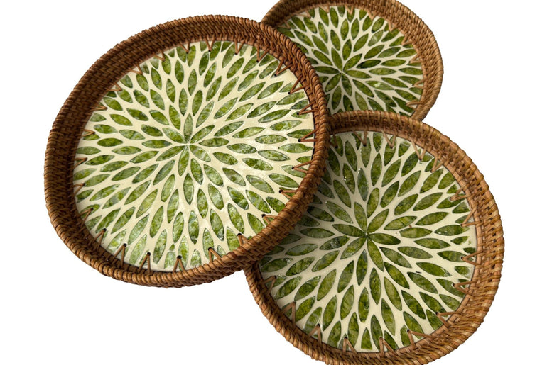 Round Mother of Pearl Inlay Rattan Tray, Handwoven Decorative Serving Tray, Natural Boho Coffee Table Accent 70