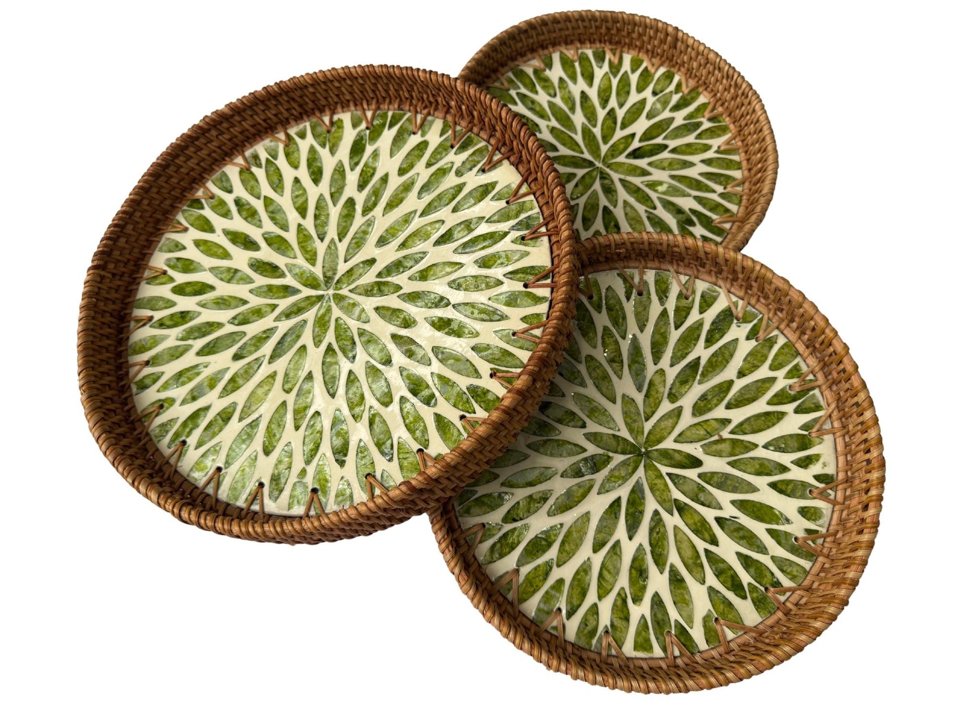 Round Mother of Pearl Inlay Rattan Tray, Handwoven Decorative Serving Tray, Natural Boho Coffee Table Accent 70