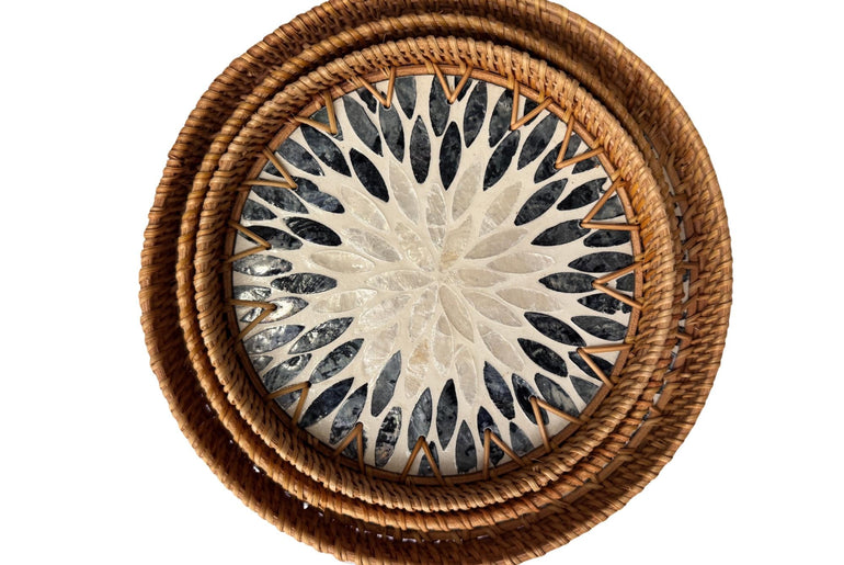 Round Mother of Pearl Inlay Rattan Tray, Handwoven Decorative Serving Tray, Natural Boho Coffee Table Accent 66