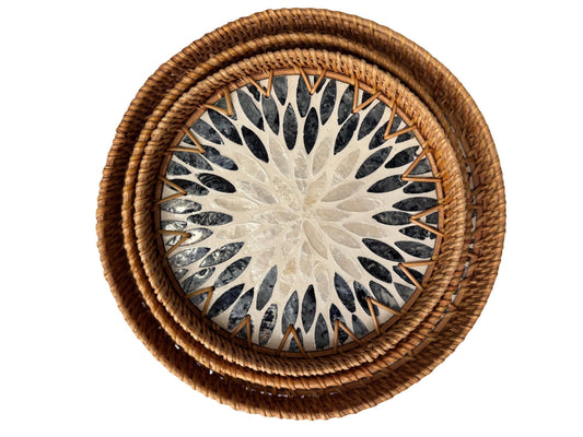 Round Mother of Pearl Inlay Rattan Tray, Handwoven Decorative Serving Tray, Natural Boho Coffee Table Accent 66