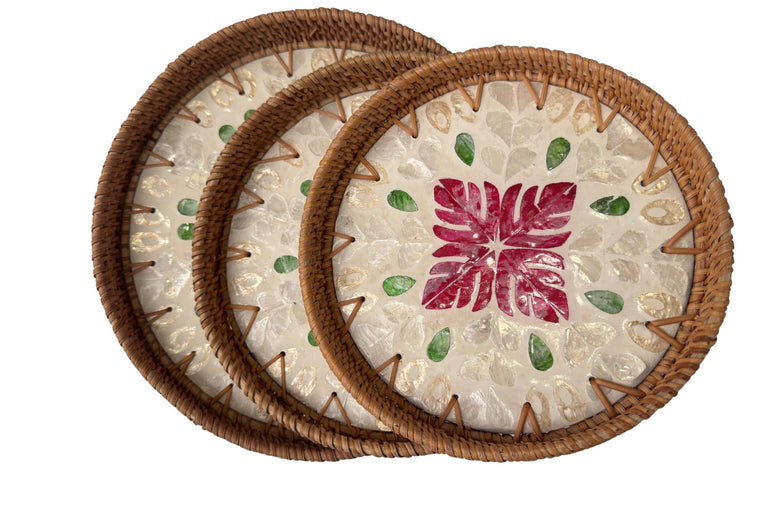 Round Mother of Pearl Inlay Rattan Tray, Handwoven Decorative Serving Tray, Natural Boho Coffee Table Accent 75