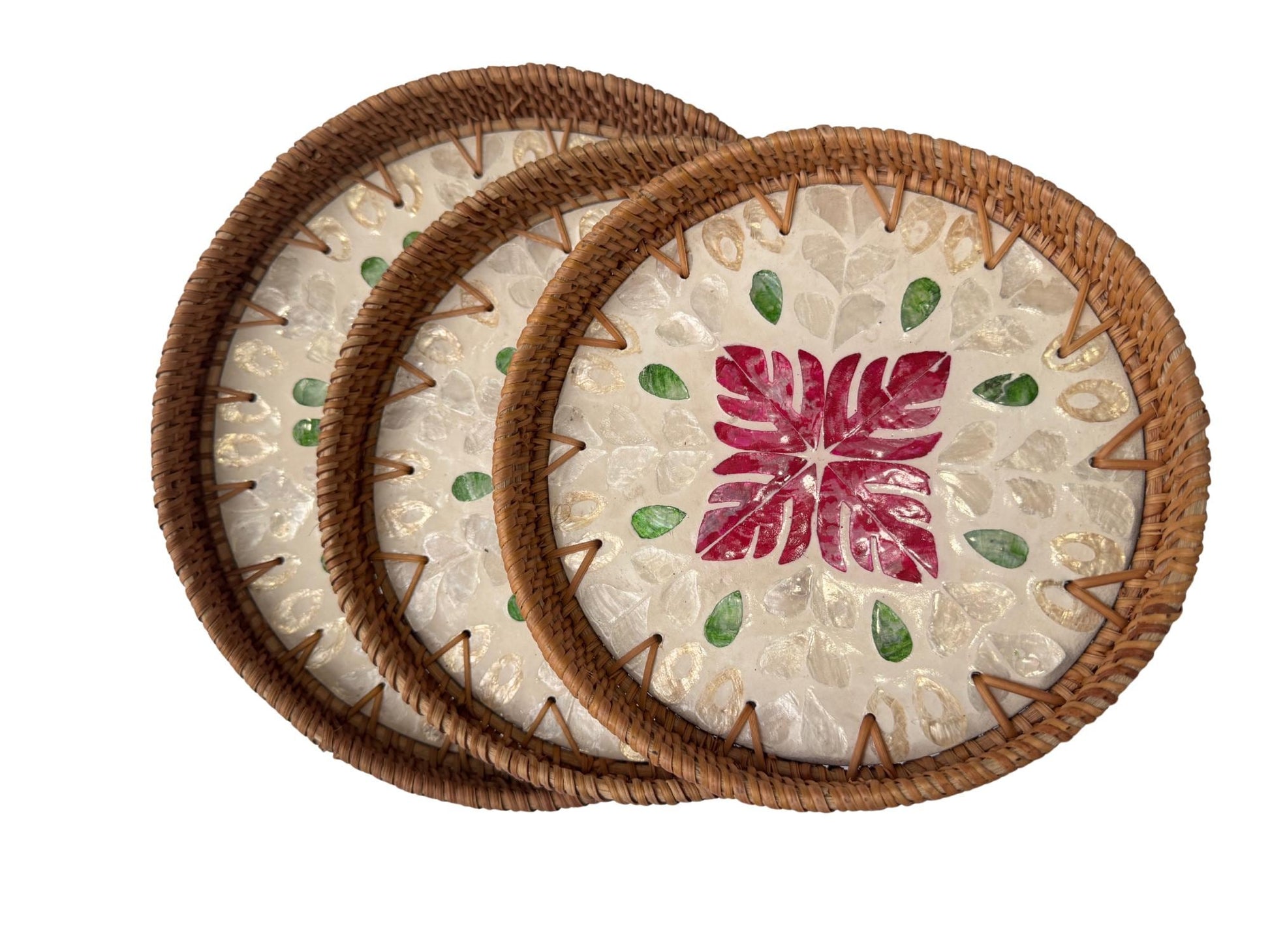 Round Mother of Pearl Inlay Rattan Tray, Handwoven Decorative Serving Tray, Natural Boho Coffee Table Accent 75