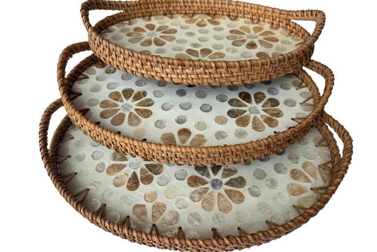 Oval Rattan Tray with Handles and Mother of Pearl Inlay Base, Handmade Woven Serving Tray, Boho Home Decor, Handmade Vietnam 153