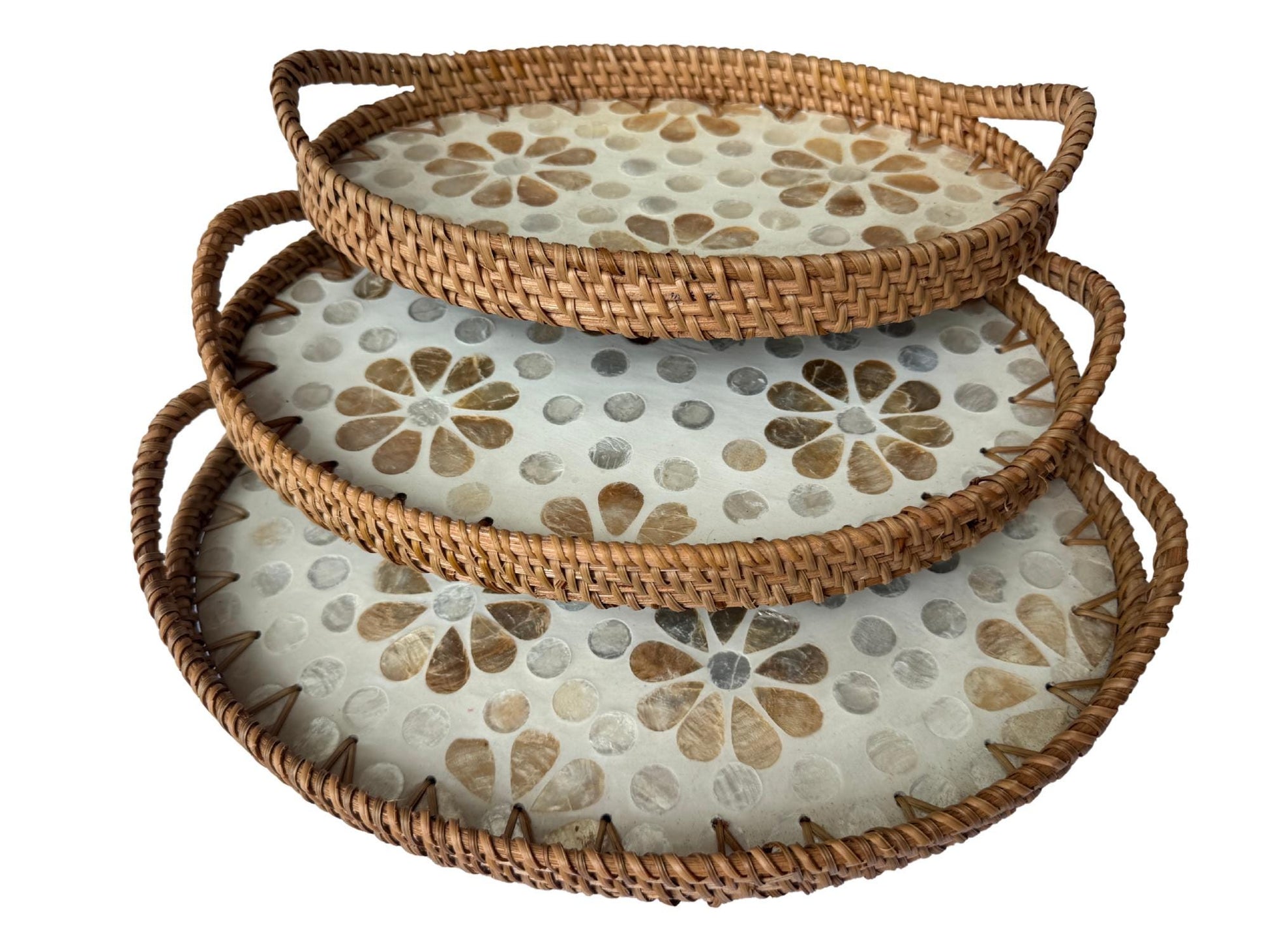 Oval Rattan Tray with Handles and Mother of Pearl Inlay Base, Handmade Woven Serving Tray, Boho Home Decor, Handmade Vietnam 153