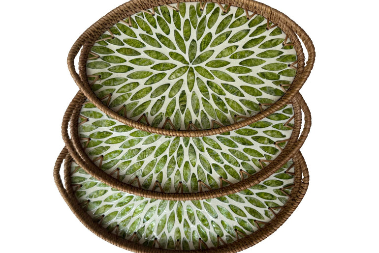Oval Rattan Tray with Handles and Mother of Pearl Inlay Base, Handmade Woven Serving Tray, Boho Home Decor, Handmade Vietnam 115