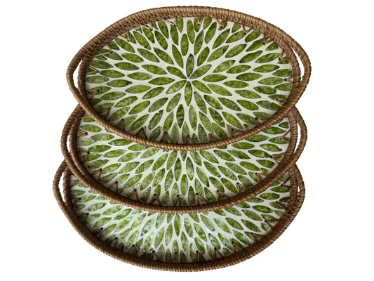 Oval Rattan Tray with Handles and Mother of Pearl Inlay Base, Handmade Woven Serving Tray, Boho Home Decor, Handmade Vietnam 115