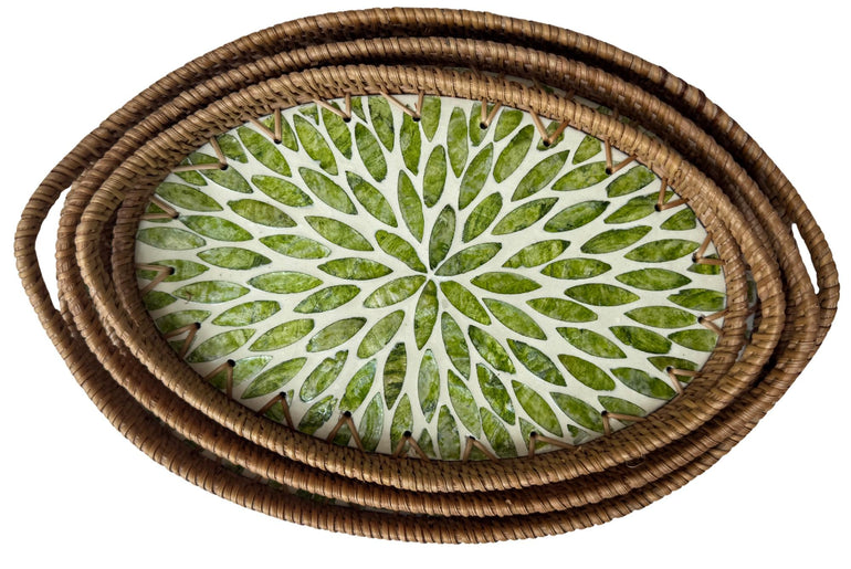 Oval Rattan Tray with Handles and Mother of Pearl Inlay Base, Handmade Woven Serving Tray, Boho Home Decor, Handmade Vietnam 115