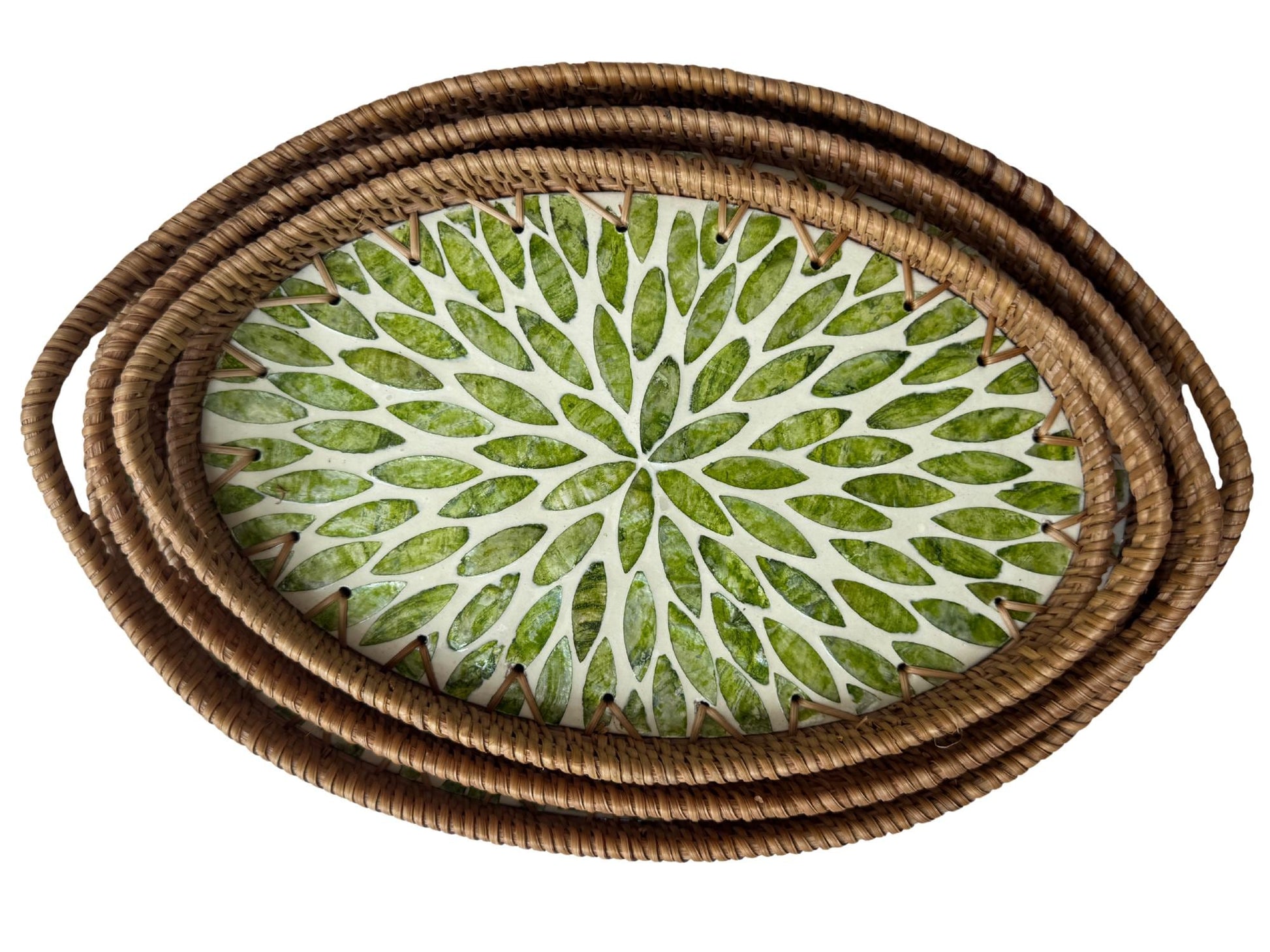 Oval Rattan Tray with Handles and Mother of Pearl Inlay Base, Handmade Woven Serving Tray, Boho Home Decor, Handmade Vietnam 115