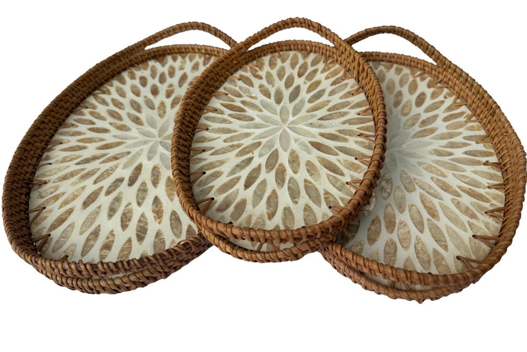 Oval Rattan Tray with Handles and Mother of Pearl Inlay Base, Handmade Woven Serving Tray, Boho Home Decor, Handmade Vietnam 114