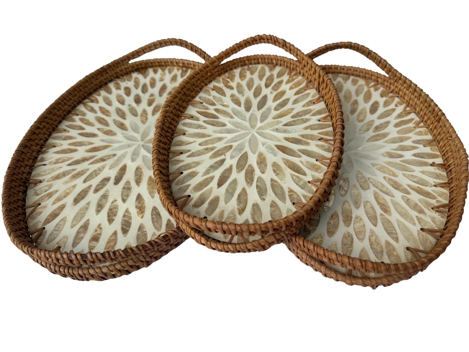 Oval Rattan Tray with Handles and Mother of Pearl Inlay Base, Handmade Woven Serving Tray, Boho Home Decor, Handmade Vietnam 114