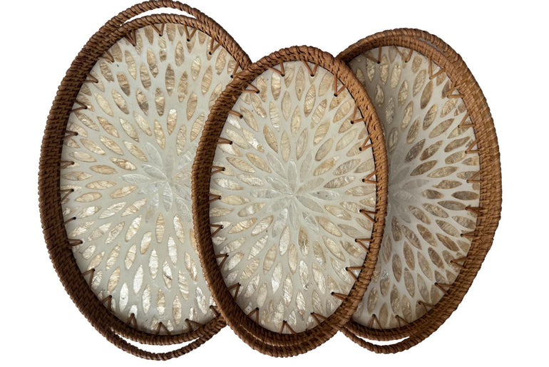 Oval Rattan Tray with Handles and Mother of Pearl Inlay Base, Handmade Woven Serving Tray, Boho Home Decor, Handmade Vietnam 114