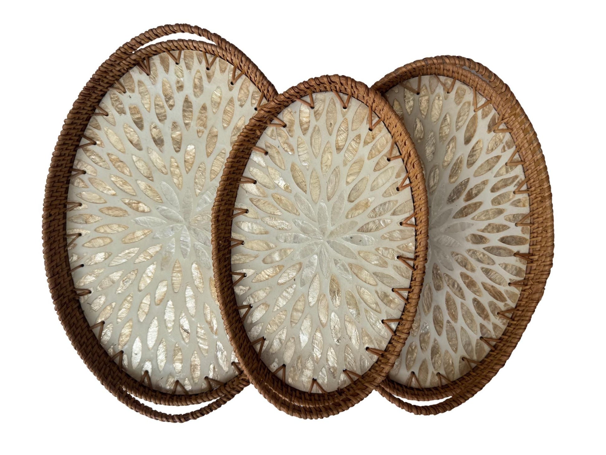 Oval Rattan Tray with Handles and Mother of Pearl Inlay Base, Handmade Woven Serving Tray, Boho Home Decor, Handmade Vietnam 114