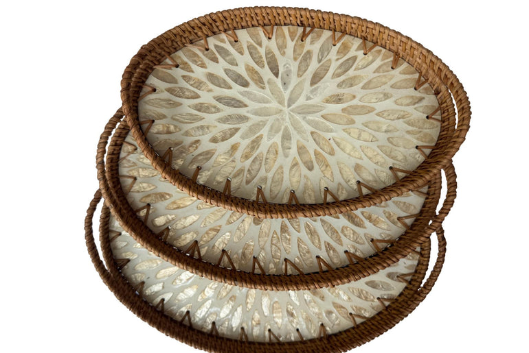 Oval Rattan Tray with Handles and Mother of Pearl Inlay Base, Handmade Woven Serving Tray, Boho Home Decor, Handmade Vietnam 114