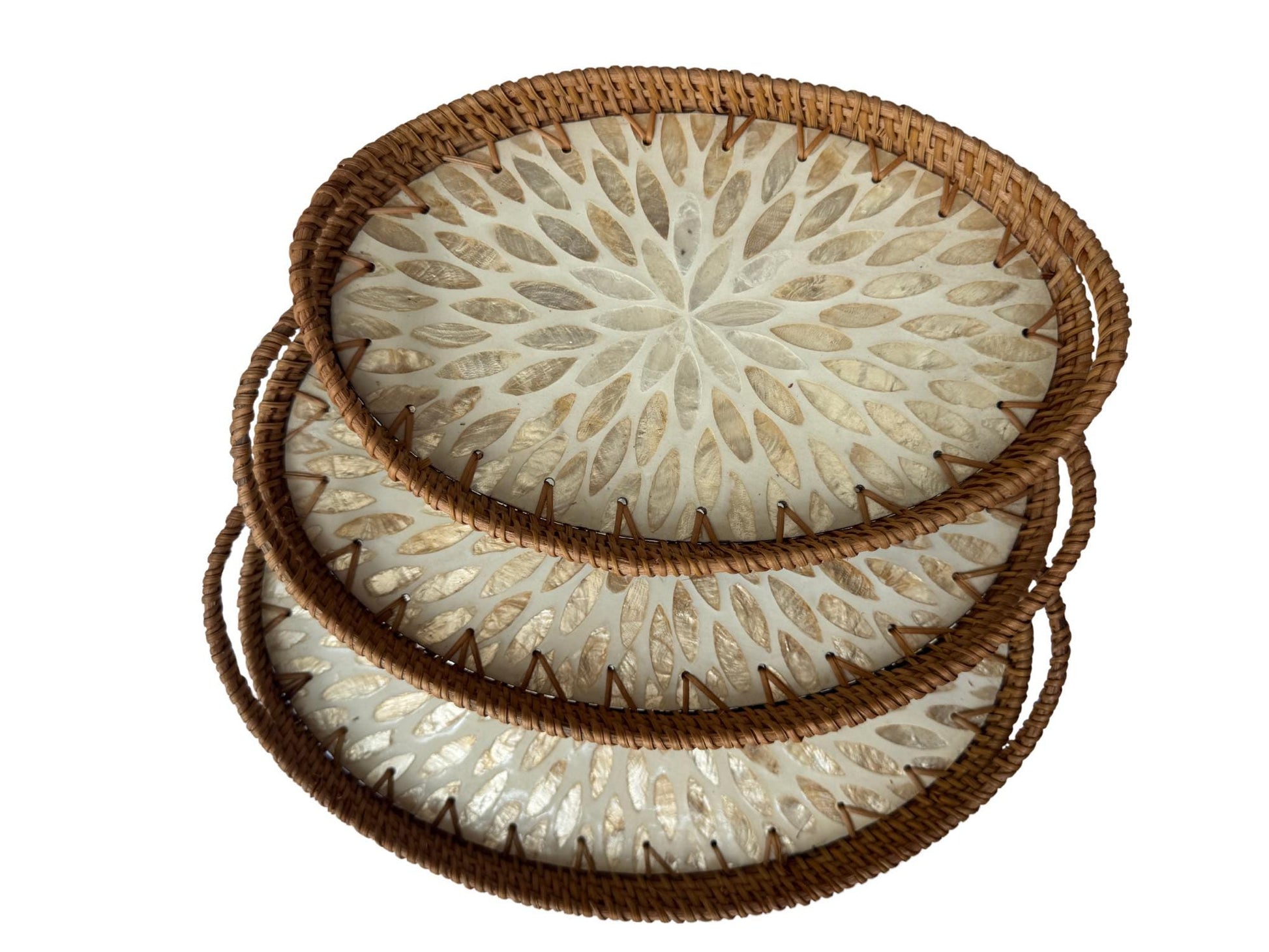 Oval Rattan Tray with Handles and Mother of Pearl Inlay Base, Handmade Woven Serving Tray, Boho Home Decor, Handmade Vietnam 114