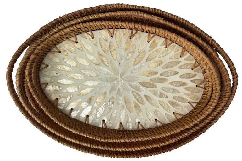 Oval Rattan Tray with Handles and Mother of Pearl Inlay Base, Handmade Woven Serving Tray, Boho Home Decor, Handmade Vietnam 114
