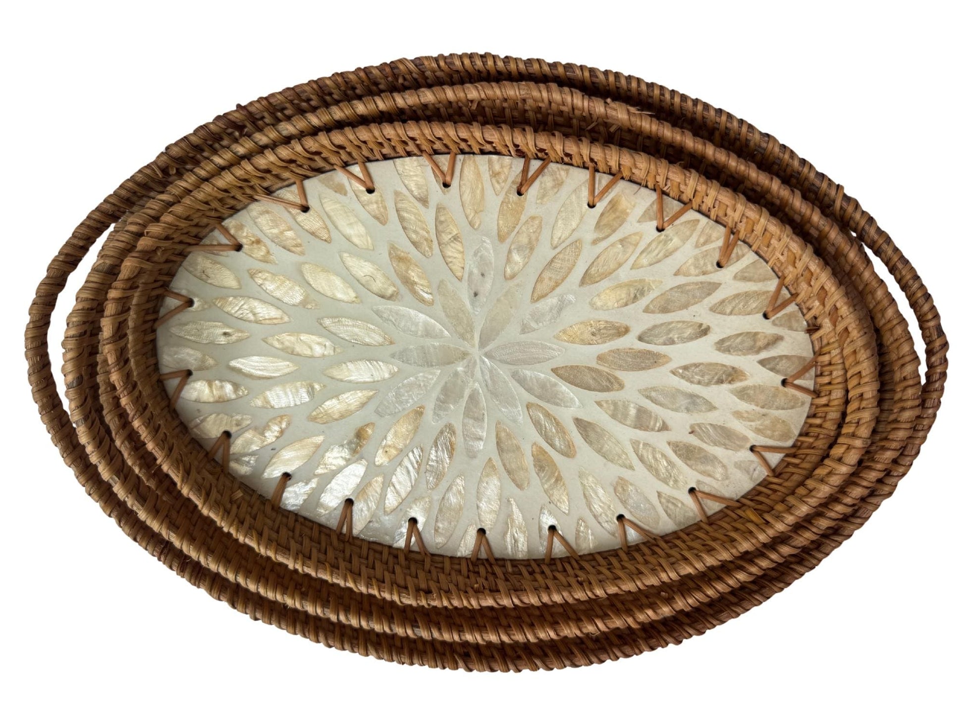 Oval Rattan Tray with Handles and Mother of Pearl Inlay Base, Handmade Woven Serving Tray, Boho Home Decor, Handmade Vietnam 114