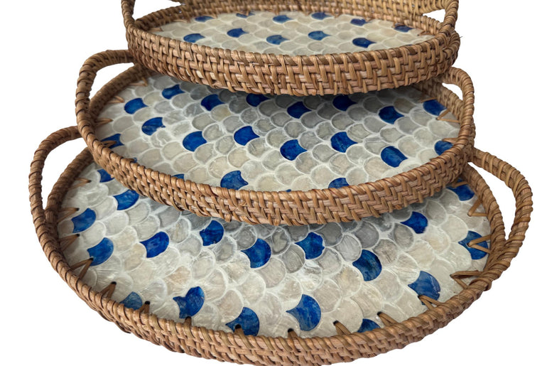 Oval Rattan Tray with Handles and Mother of Pearl Inlay Base, Handmade Woven Serving Tray, Boho Home Decor, Handmade Vietnam 133
